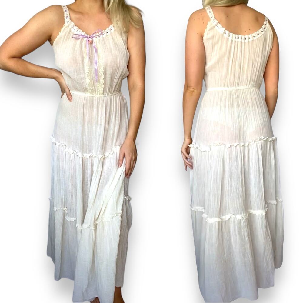 Vintage 80s 90s Cream Milkmaid Ribbon Bow Cotton Cottagecore Peasant Maxi Dress - Picture 2 of 5